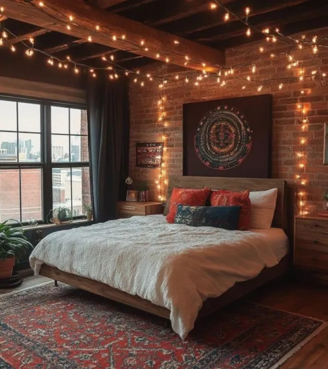 A brown bedroom with fairy lights and wooden floor 