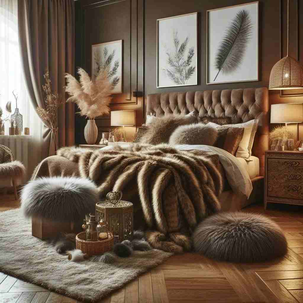A brown bedroom with rug on the wooden floor and paintings on the wall 