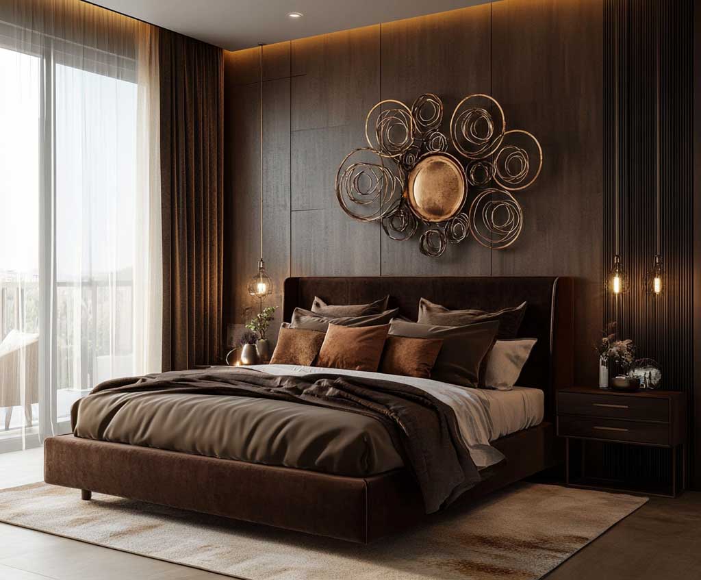 A brown bedroom with rug on the wooden floor 
