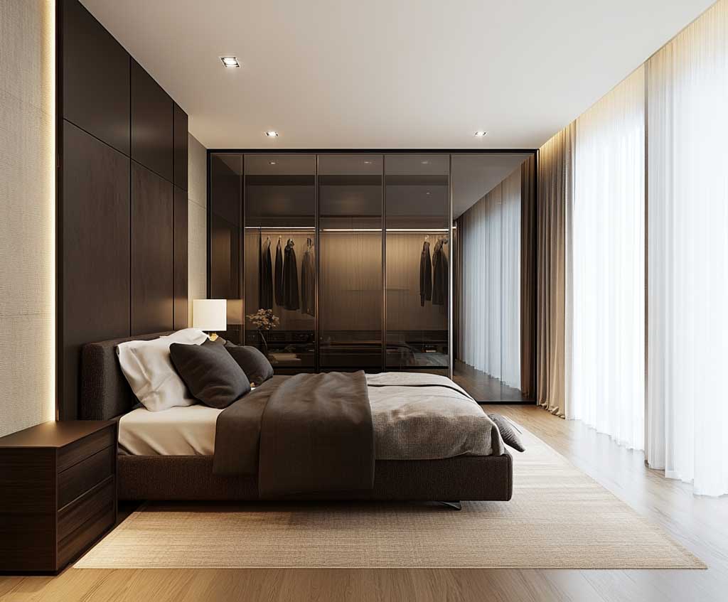 A brown bedroom with brown furniture with lamp and side table 