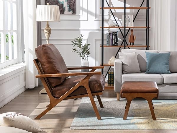 A brown chair with ottoman in the living room