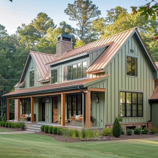 A green house with brown roof and garden outside of the house with black windows 