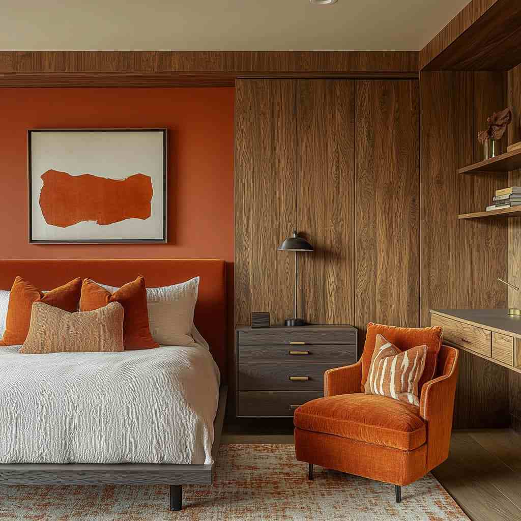 A brown and orange bedroom with bed and white blankets 