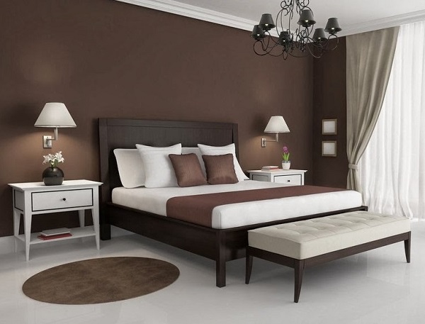 A brown and white bedroom and white floor and side table 