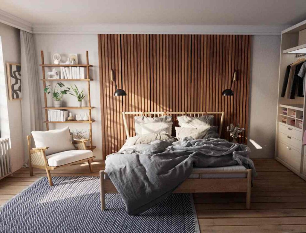 A brown bedroom with wall panels and wooden floor and white celling