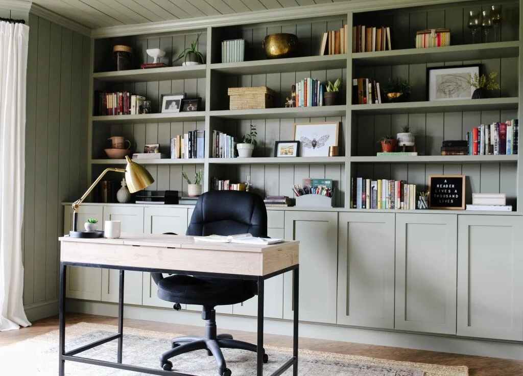 A office with built-ins for storage table with chair 