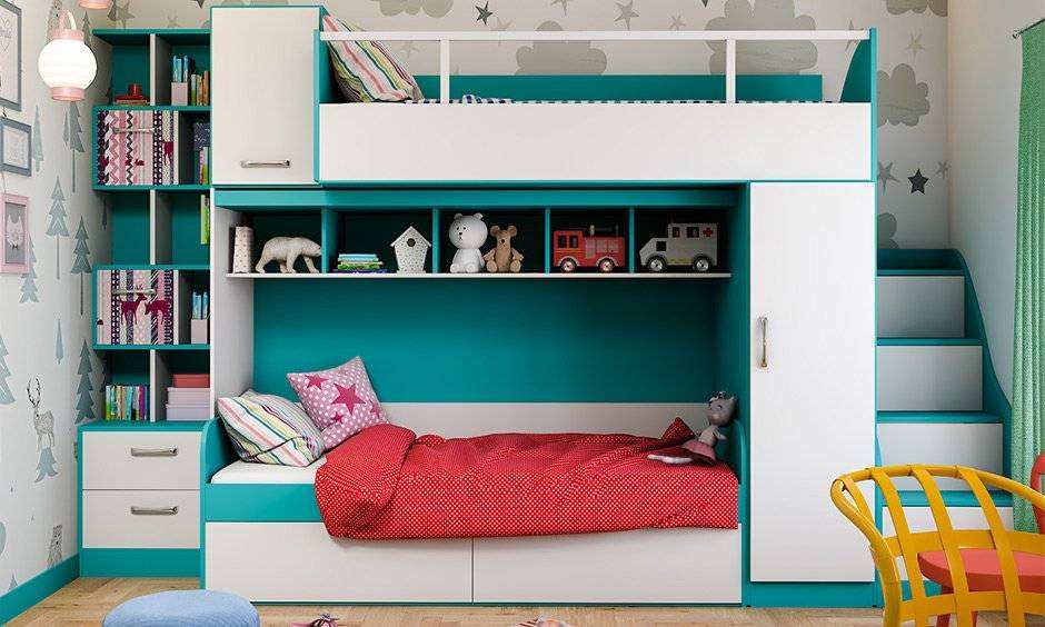 A bedroom with bunk beds for kids and wooden floor and red blankets 