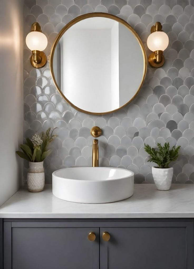 A bathroom with ceramic basin and gold fixtures 