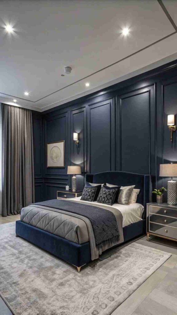 A blue and grey bedroom with bedroom with lights on the wall and wooden floor and rug on it
