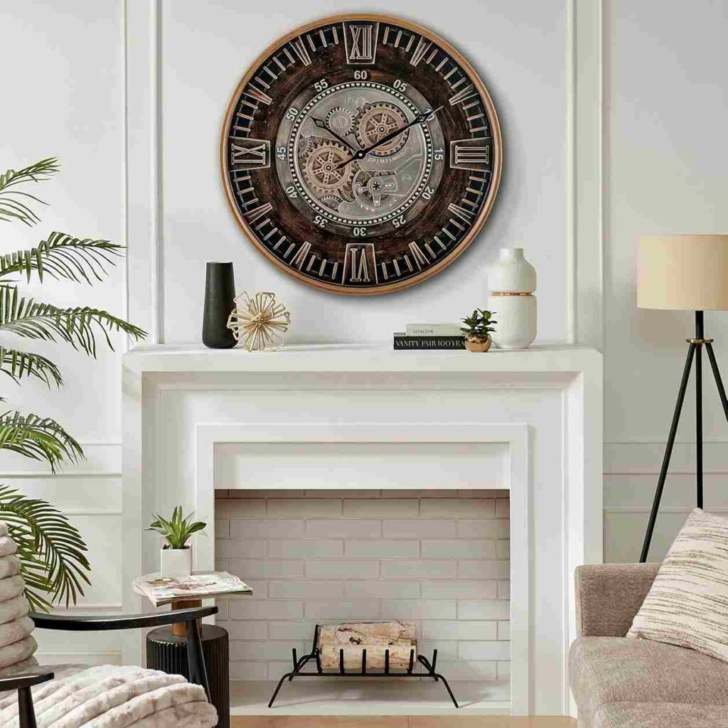 A clock on white wall and side lamp