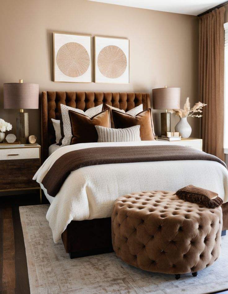 A beige and brown bedroom painting on the wall and lamp on the side lamp 