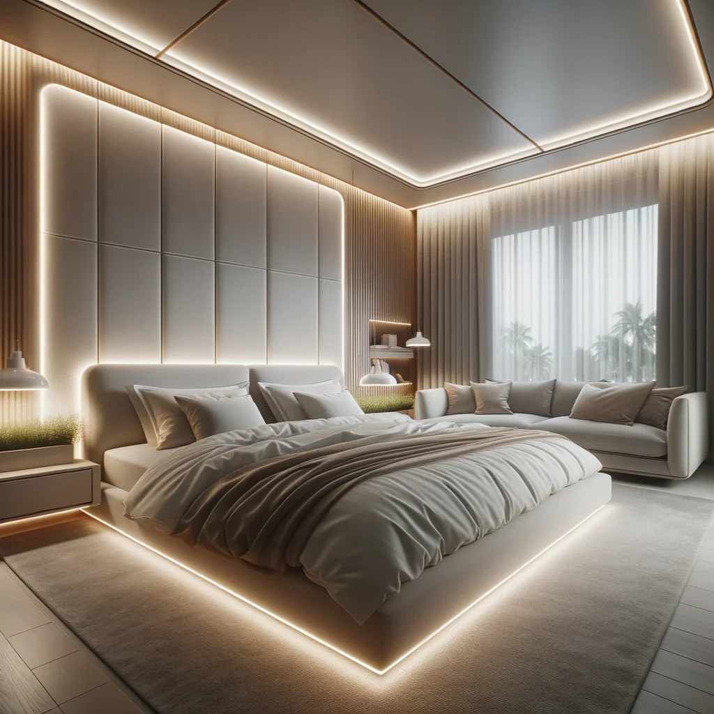 A bedroom with lights on the room and windows 