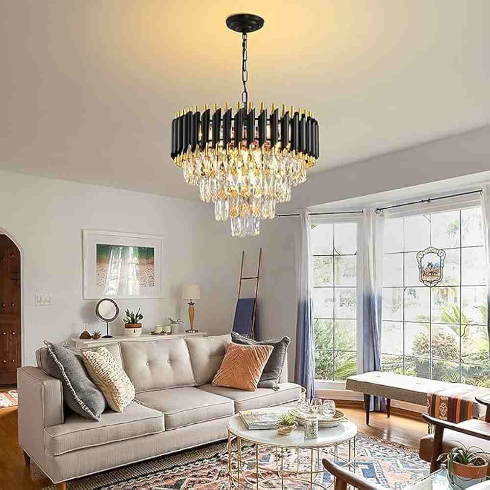 A crystal chandeliers for cottage room and sofa and table