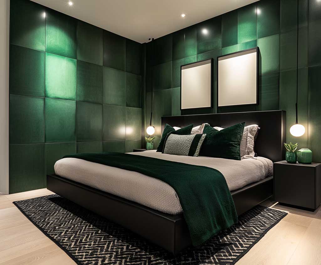 Green bedroom with black bed and celling lights and nightstand above the lights and rug on the wooden floor 