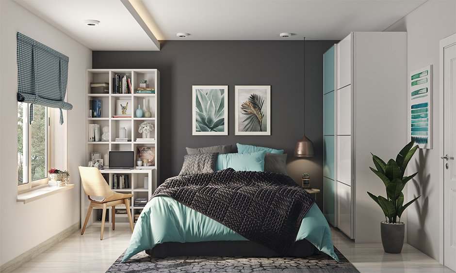 A grey bedroom with white framed windows and shelves