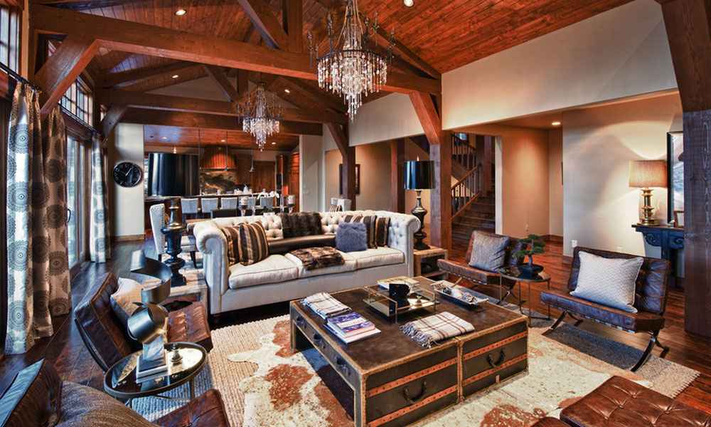 A steampunk house living room with wood and light textiles