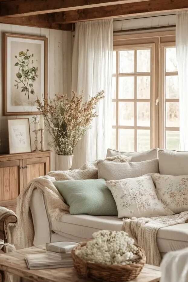 A living room with dried flowers and sofa and table