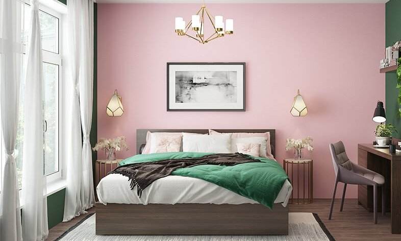 A bedroom with wooden tone bedroom with lights on the wall
