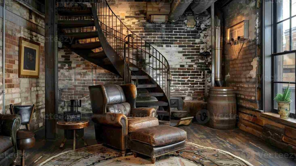 A steampunk house with brick wall and chair and ottoman