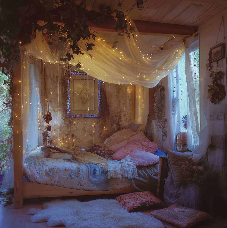 A fairy lights bedroom with windows