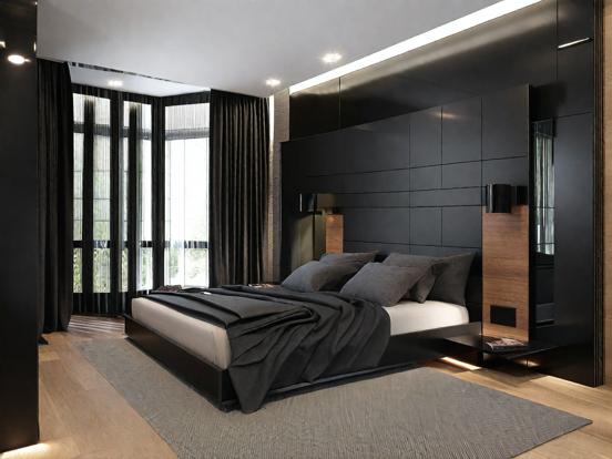 A bedroom with wooden accents and glass windows