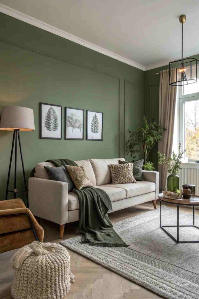 A sage green living room with wooden floor and rug on it and sofa and cushion on it with throw