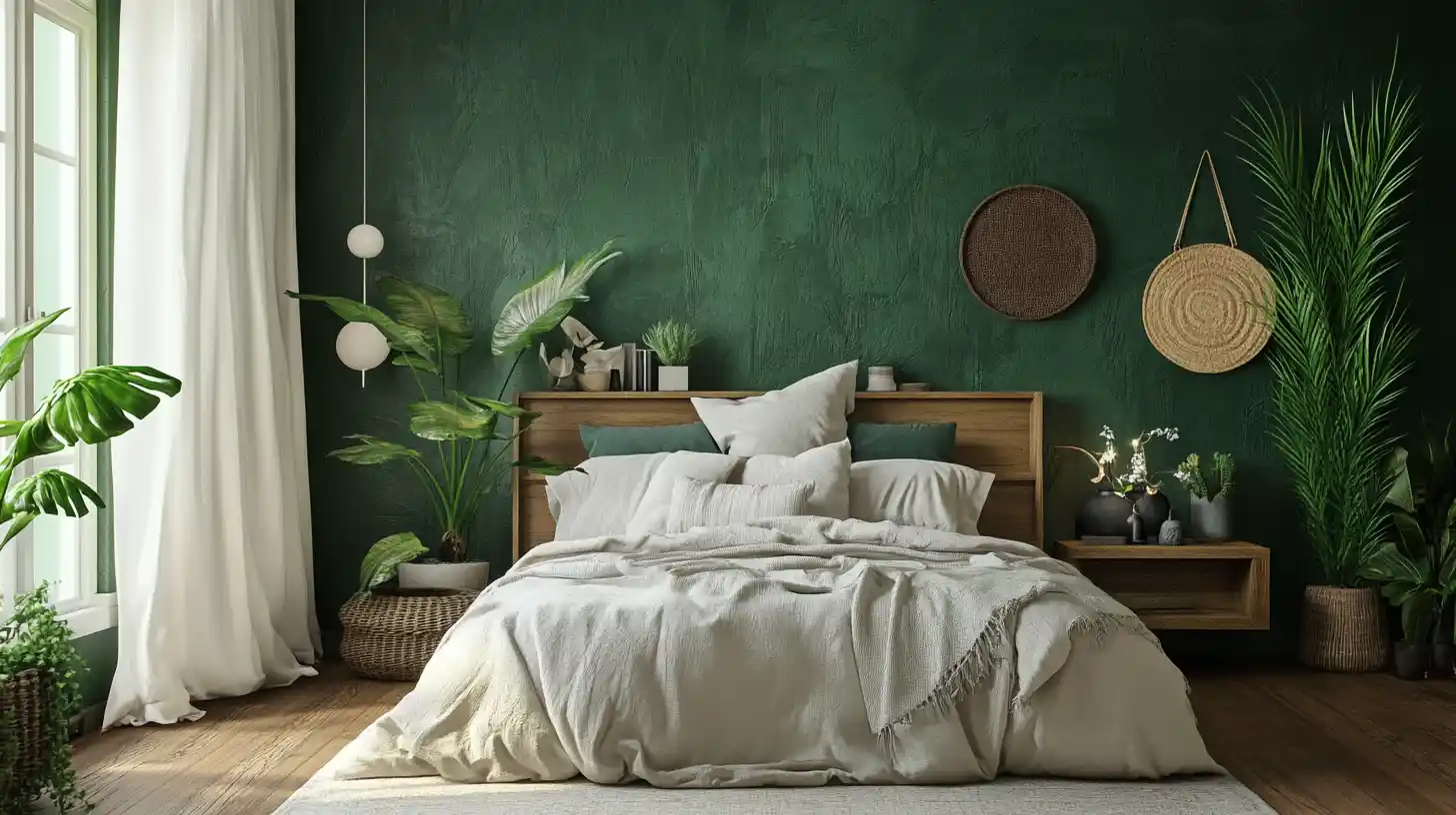  A green bedroom with indoor plants  and wooden floor and windows with curtains 