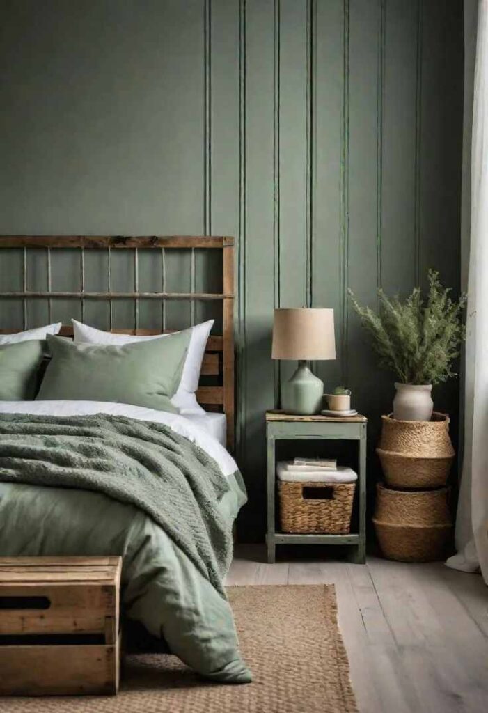 A green bedroom with green vase on the nightstand and rug on the wooden floor 