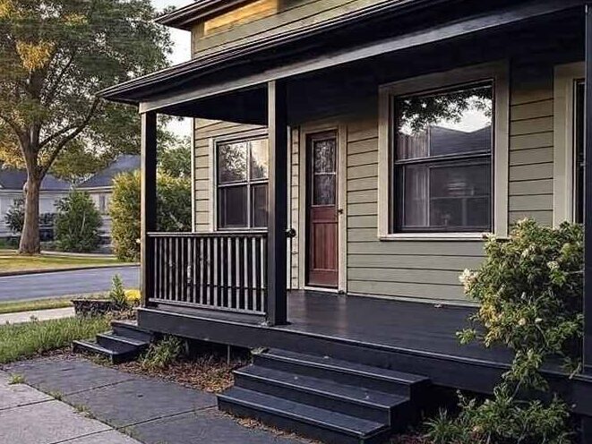 A black porch on green house with glass windows 