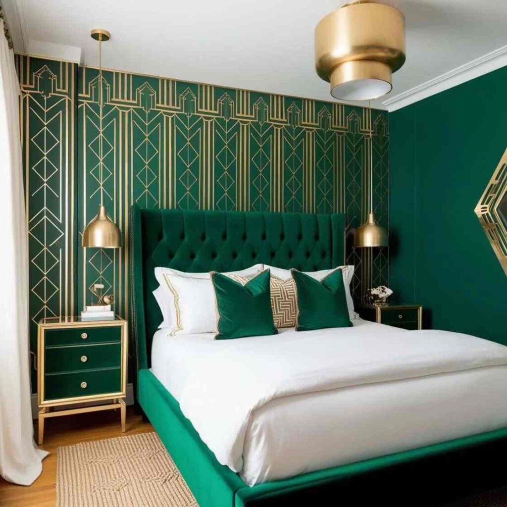 A bedroom with gold accents and wooden floor and nightstand in the bedroom 