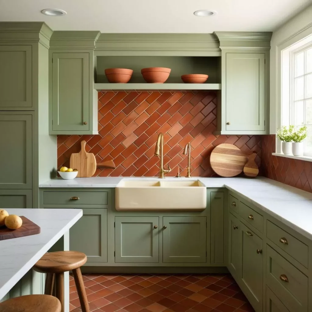 A sage green with terracotta pots