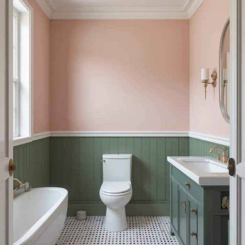A green and pink bathroom with green vanity and white sink