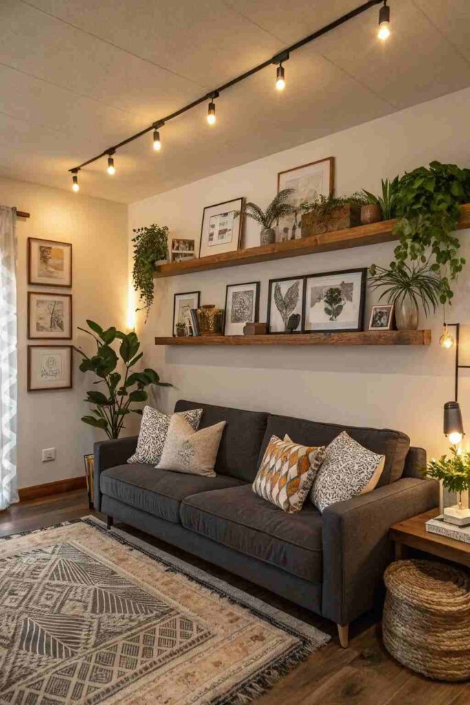 A beige living room with sofa and rug on the wooden floor 