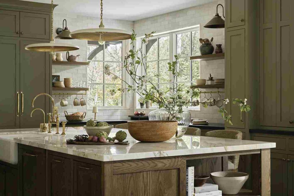 A sage green with plants on countertop