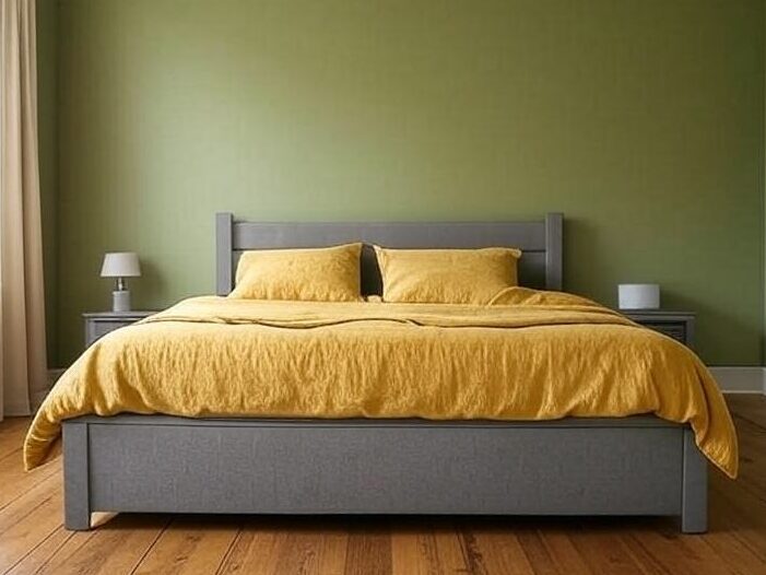 A sage green wall with bed and yellow accents.