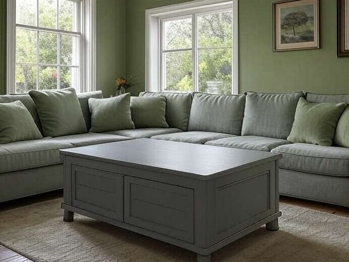 A sage living room with grey table and sofa and wooden floor