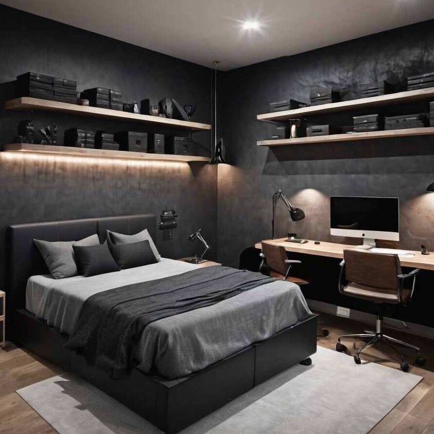 A black and grey tones with computer table with chairs