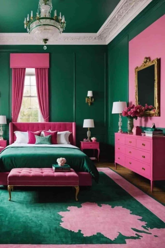 A pink velvet headboard in green bedroom and pink dresser