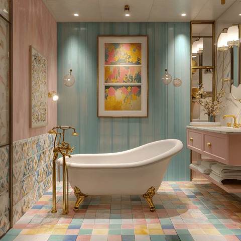 A bathroom with lighting fixtures and white bathtub with gold accents 