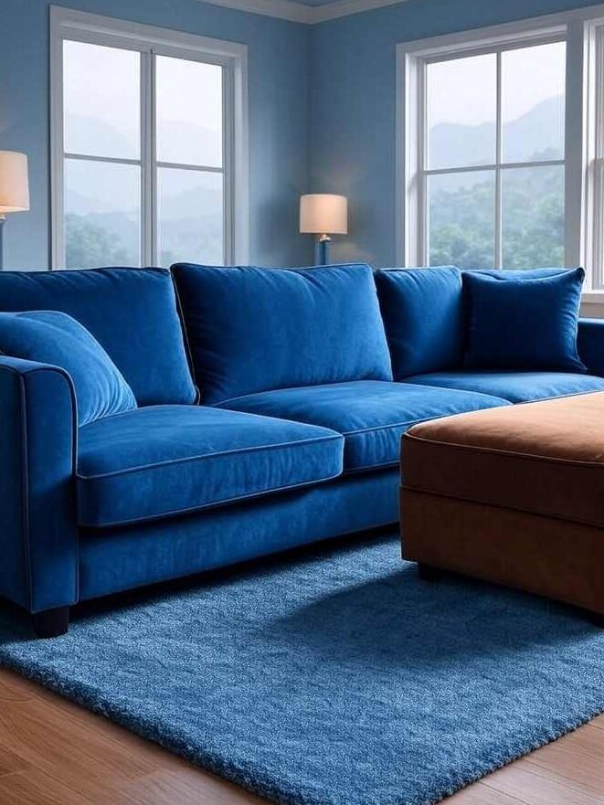 A blue living room with sofa and brown ottoman and wooden floor