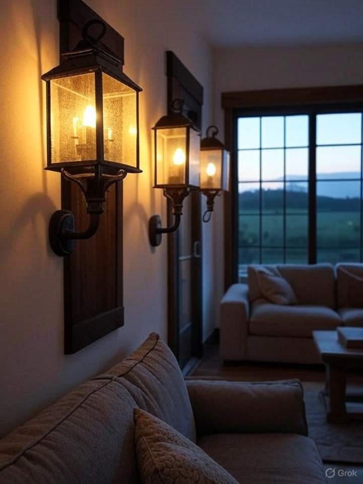 A lantern on the wall and windows