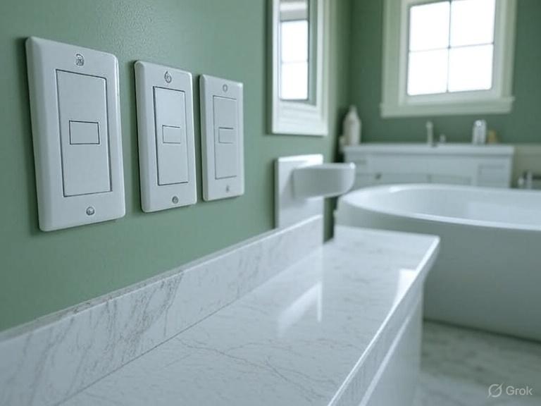 A sage green bathroom with dimmer switches and white battub