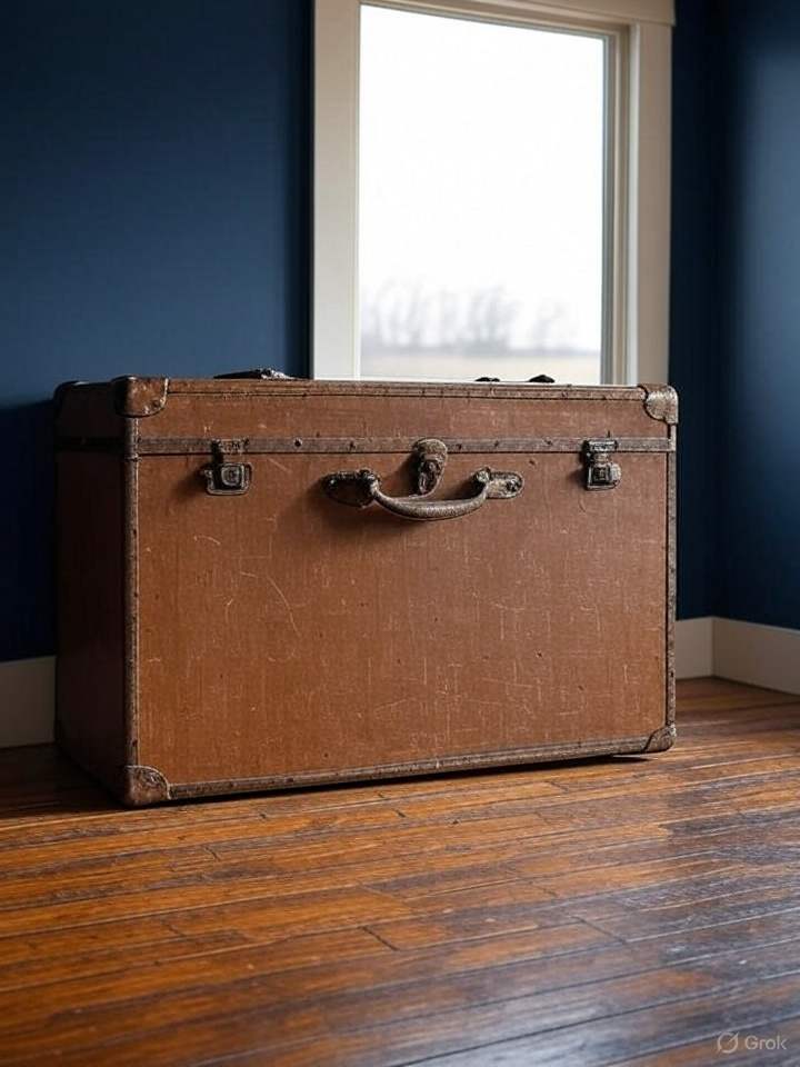 A living room with brown trunk against a navy wall