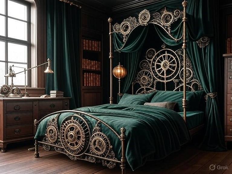 A steampunk house with iron bed with drapes