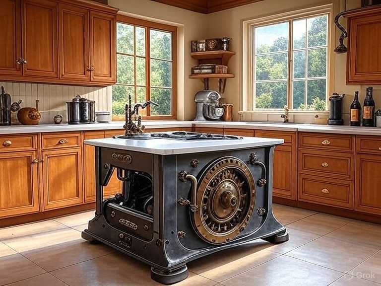 A kitchen with white countertop on iron machine and wooden cabinets