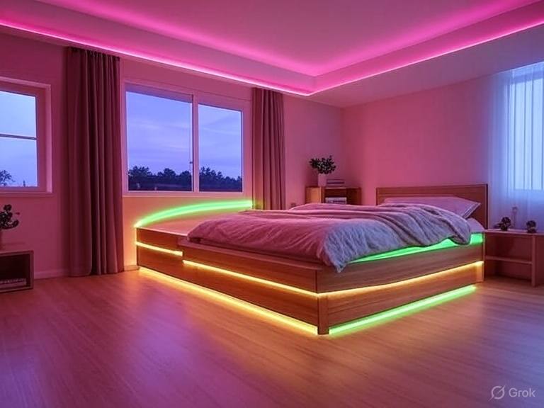 A bedroom with pink and green light in the room