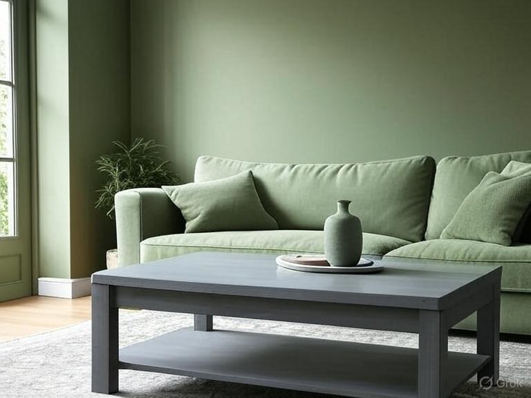A sage green living room with grey coffee table and vase on it