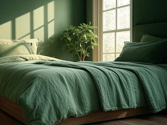 A green and dark green bedroom with windows 