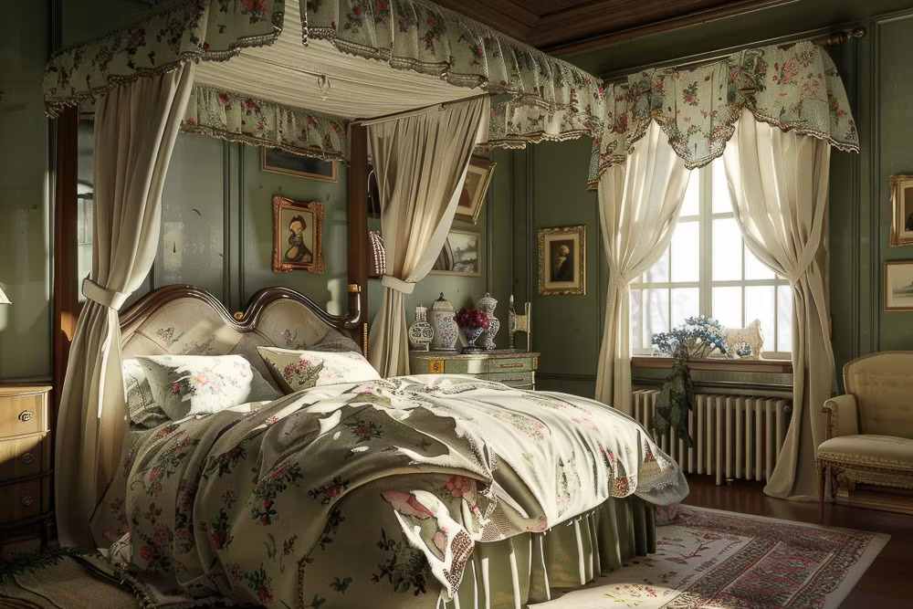 A sage green bedroom with canopy and whit windows and rug