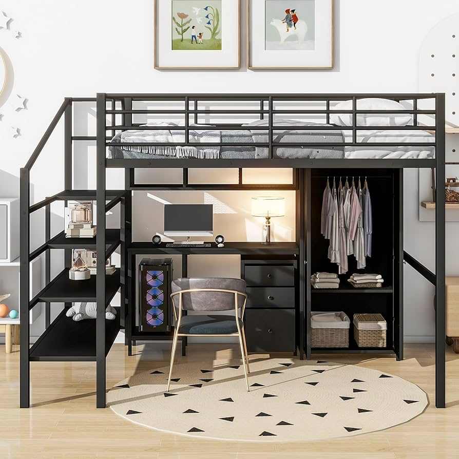 A iron framed bed and storage space with mat on the floor